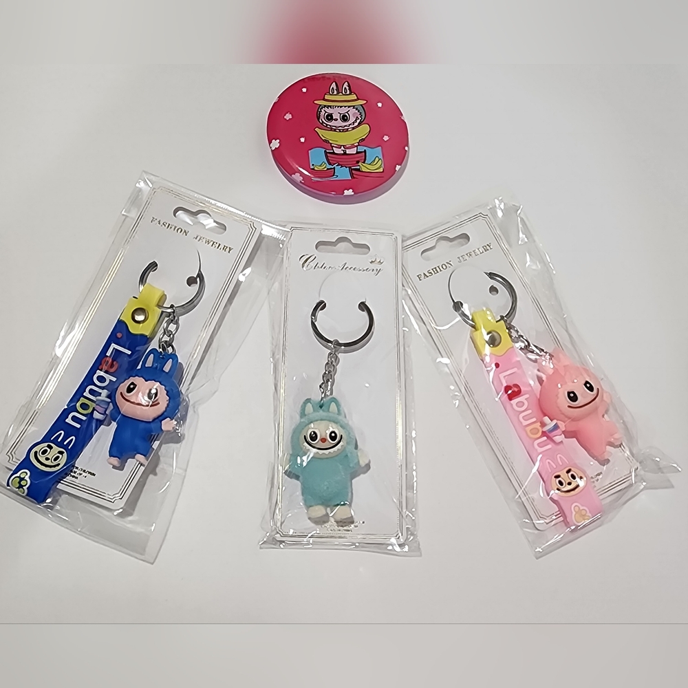 Labubu Monsters Keychain Bundle Gift Set With Mirror- Pink, Blue, Teal New 4 Pcs